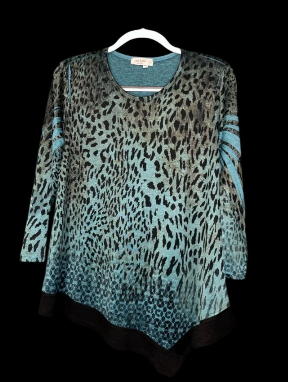 Jess & Jane Sz S-Med Teal and Black Animal-Print Asymmetrical 3/4 Sleeve Tunic